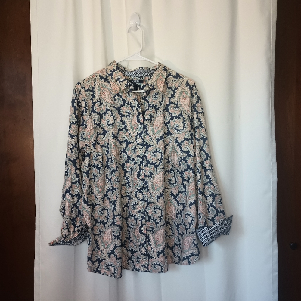 Chaps Womens No Iron Button Up Top 2X Blue Paisley Flip Cuff Office Classic
